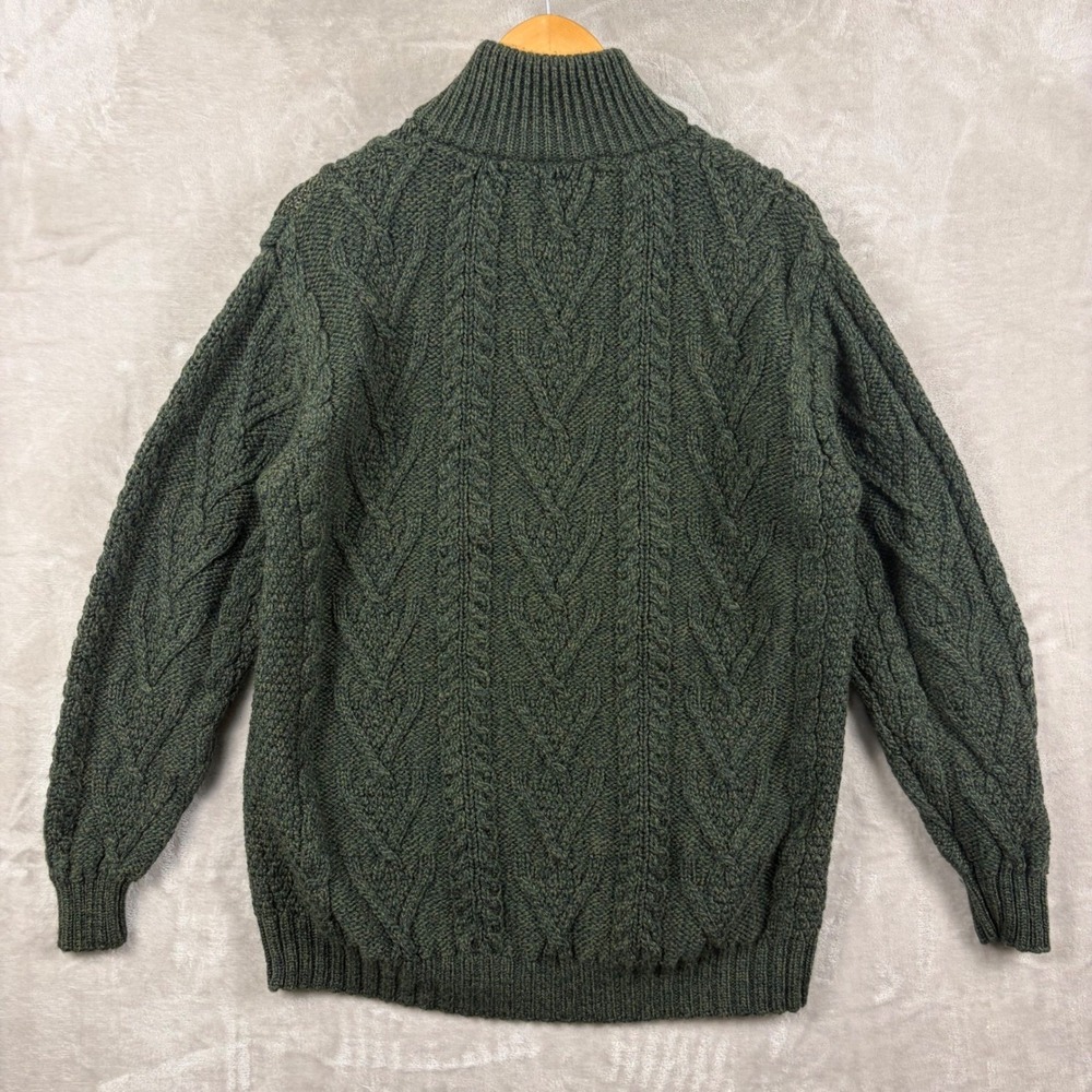 SAOL Ireland Mens L Green Aran Cable Knit Full Zip Cardigan Sweater 100% Merino - Picture 3 of 10